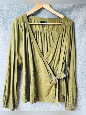 H&M Olive Green Wrap Peplum Blouse Embroidered Long Sleeve Boho Tie Waist Size16